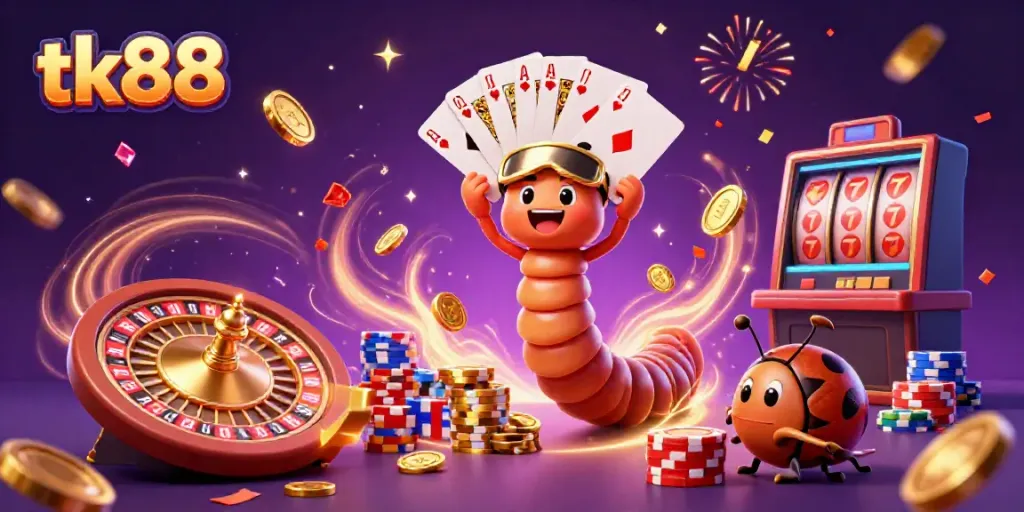 Engage in thrilling gaming at tk88 with a colorful 3D casino scene featuring dynamic characters and vibrant casino elements.