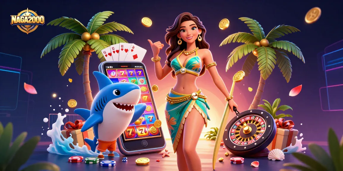 NAGA2000 menampilkan ilustrasi 3D yang cerah dari dewi pantai dan hiu, meningkatkan keseruan kasino dengan permainan slot.