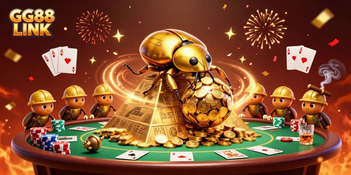 Experience GG88 LINK with a vibrant casino scene depicting a golden beetle among poker elements and celebratory effects.
