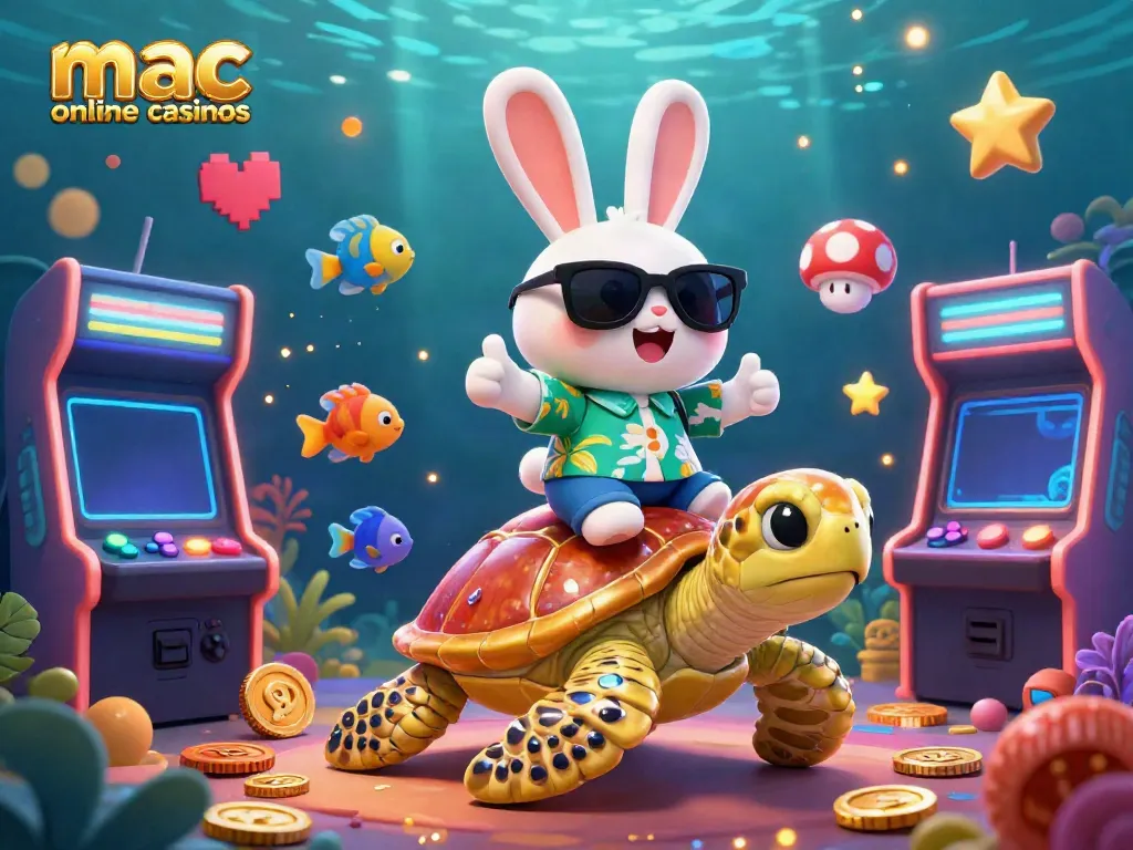 Experience the thrill at mac online casinos with a lucky rabbit and golden turtle in a vibrant 3D world.