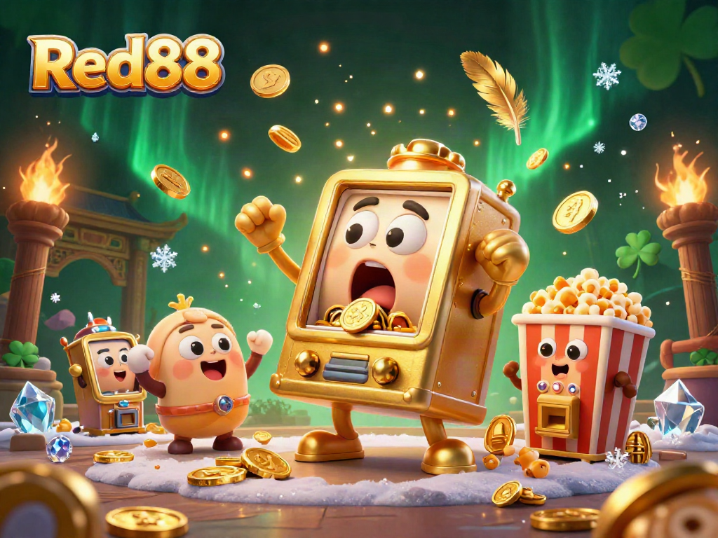 Experience excitement with Red88 as golden slot machines celebrate a jackpot in this vibrant casino illustration.