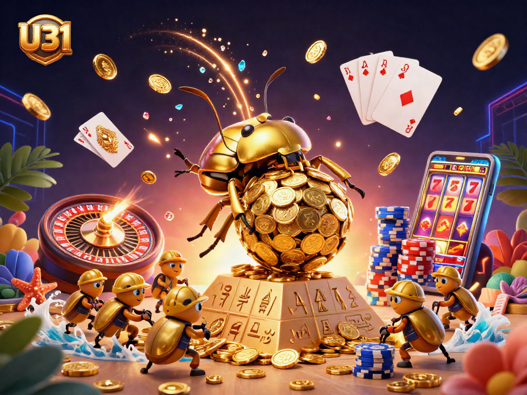 Experience the excitement of U31, featuring a golden dung beetle and casino elements in a vibrant 3D scene.