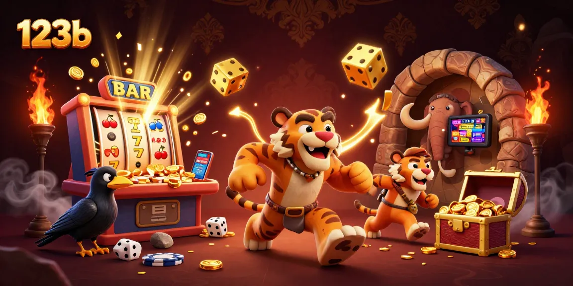 Experience thrilling wins at 123b with animated caveman, tiger, and crow in a vibrant casino setting.