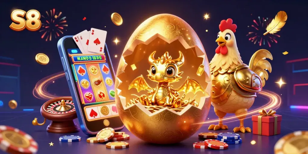 S8 online casino featuring a golden dragon, poker chips, and vibrant slot game action.