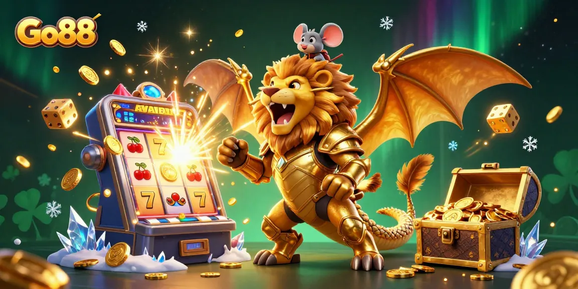 Experience excitement at Go88 with a roaring chimera, golden slot machine, and dynamic casino elements.