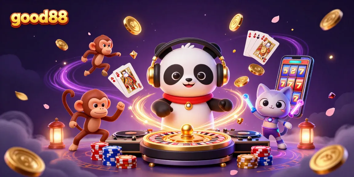 Win big at good88 as a DJ panda spins wheels and a breakdancing monkey celebrates!
