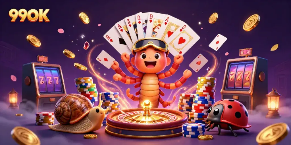 Experience thrilling moments with a 99OK dealer and high-stakes gameplay in a vibrant casino scene.