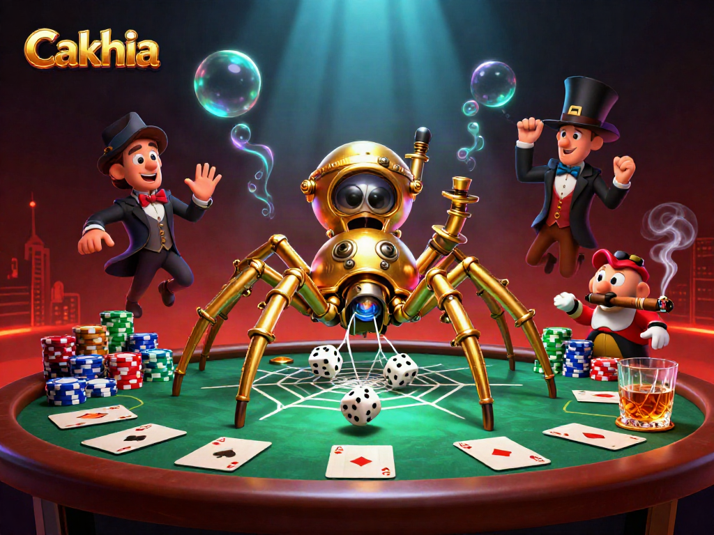 Cakhia launches 3D golden spider capturing dice in a vibrant casino scene with poker elements.