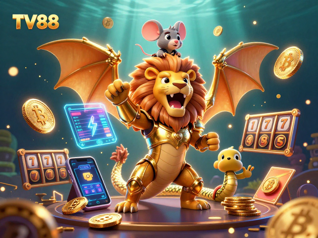 Experience thrilling wins at TV88 with golden chimera and crypto elements in this dynamic casino illustration