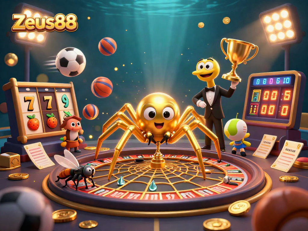 Experience Zeus88 excitement with a golden spider spinning a roulette web in a vibrant casino scene.