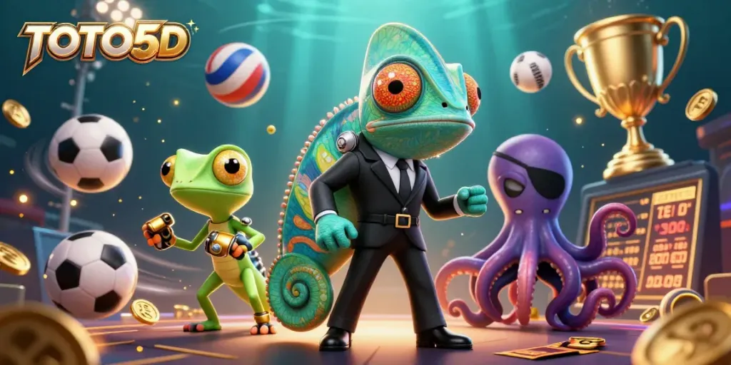 TOTO5D showcases dynamic sports elements with a cartoon chameleon agent, team, and vibrant design.