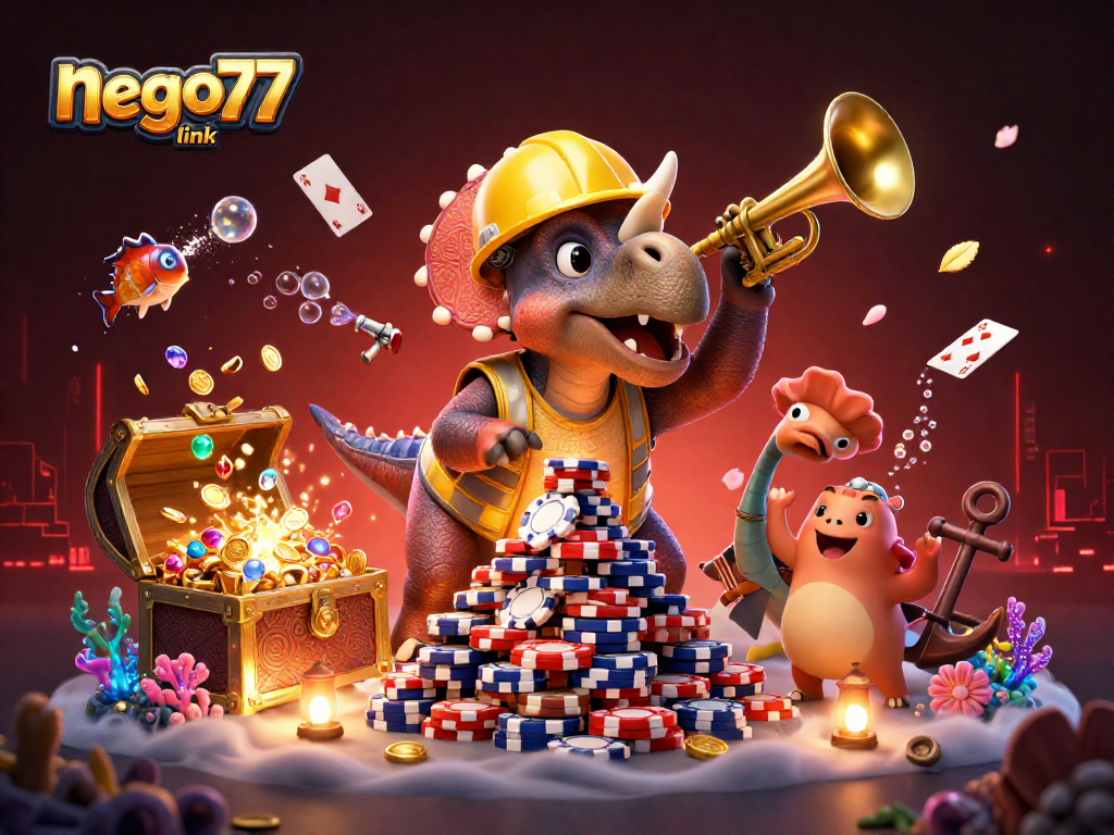 Experience the excitement of the nego77 link casino with vibrant 3D characters celebrating a poker triumph.