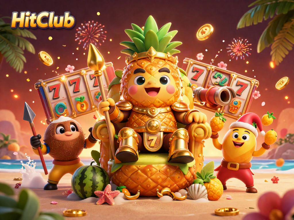 Experience the thrill of HitClub with a vibrant 3D scene featuring a golden pineapple king and slot reels.