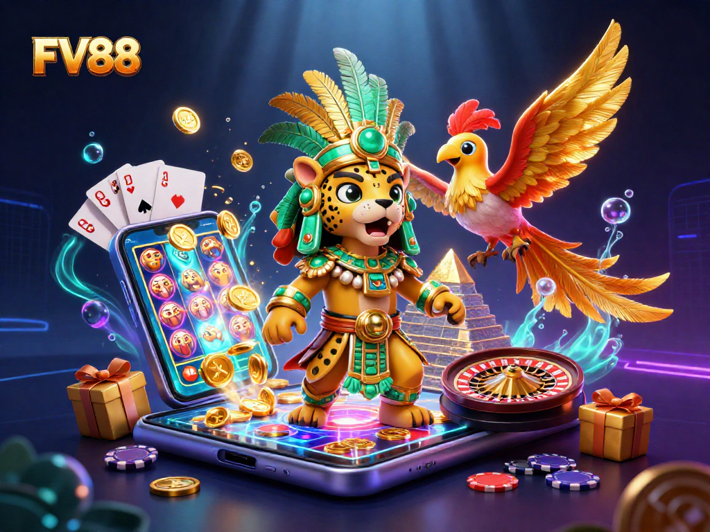 Experience thrilling gameplay with FV88's vibrant 3D casino scene featuring slot games and prize elements.