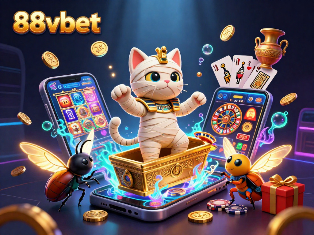 Experience thrilling games with 88vbet in this vibrant casino scene featuring a mummy cat and treasures.