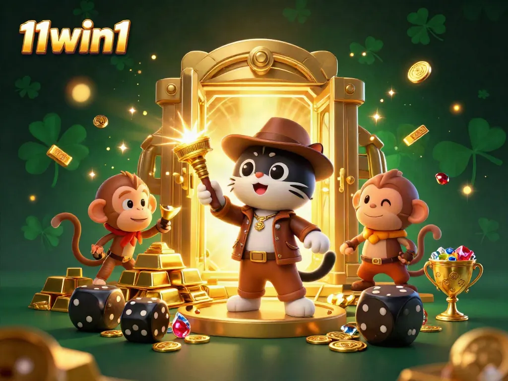 Gamblers experience excitement with 11win1 in a treasure-filled temple, showcasing golden artifacts.