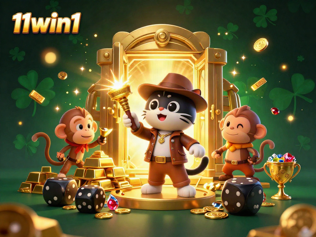 Gamblers experience excitement with 11win1 in a treasure-filled temple, showcasing golden artifacts.