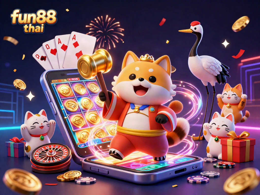 Play exciting games with fun88 thai, featuring cheerful characters and vibrant casino elements.
