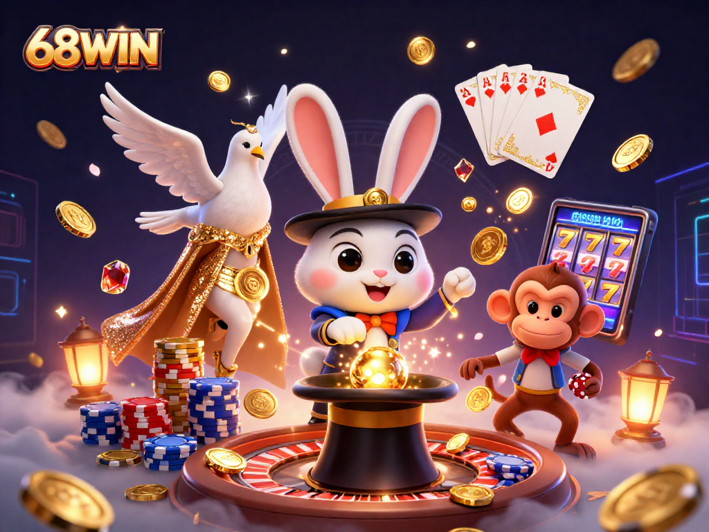 Experience the magic of 68WIN with a cartoon magician pulling coins and exciting casino elements
