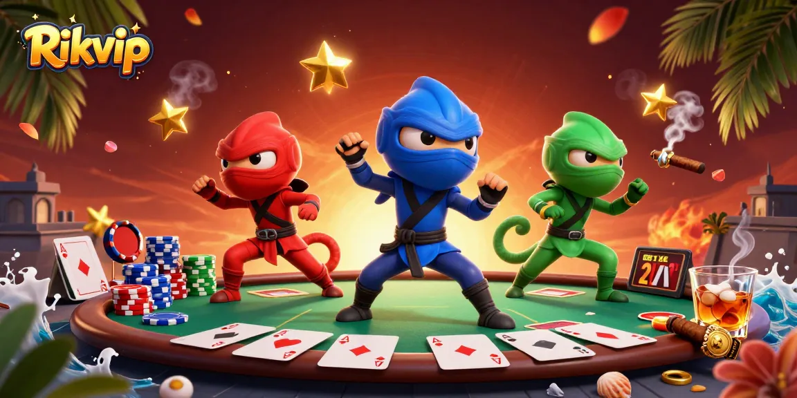 Rikvip showcases ninja chameleons mastering poker on a vibrant casino rooftop, blending strategy and fun.