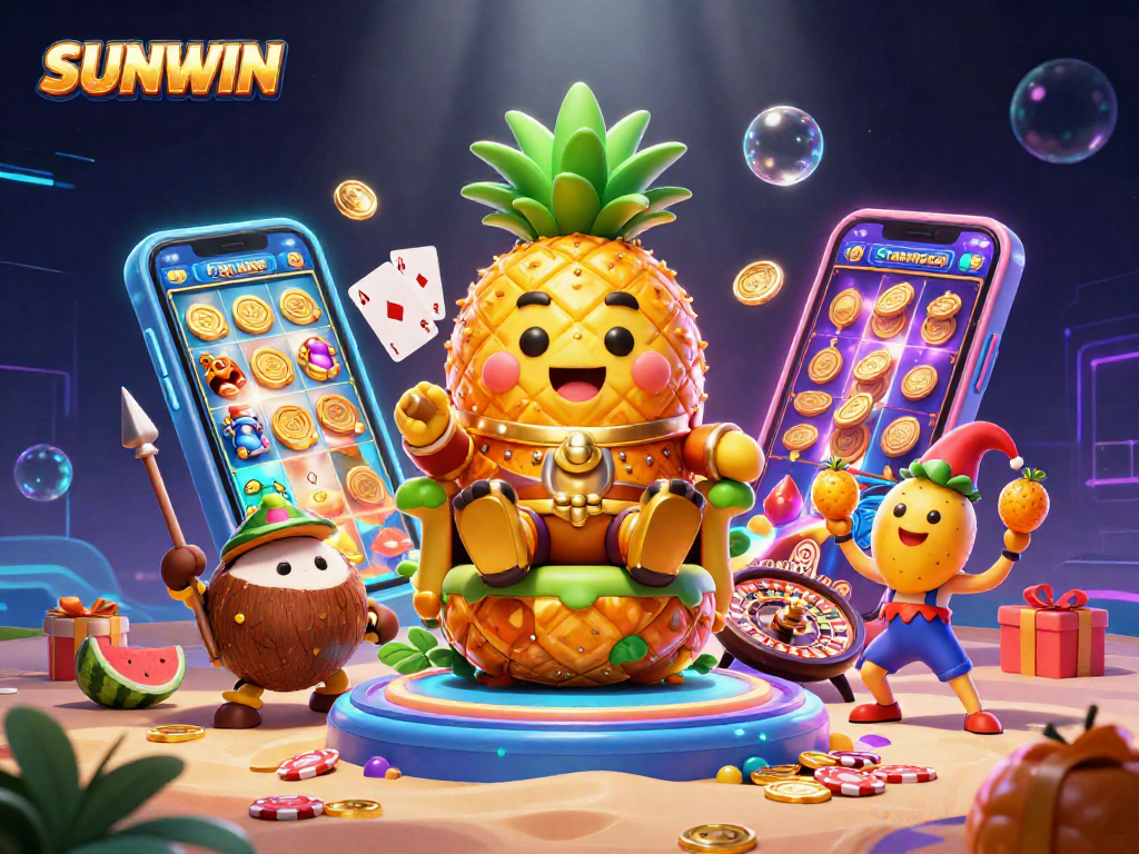 SUNWIN offers a vibrant casino experience with a golden pineapple king, slot games, and dynamic action on screen.