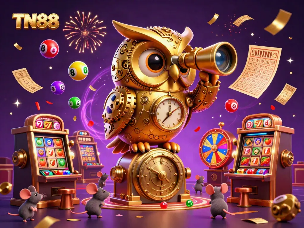 Experience TN88’s vibrant casino atmosphere with a mesmerizing owl, engaging slot machines, and dynamic prize elements.