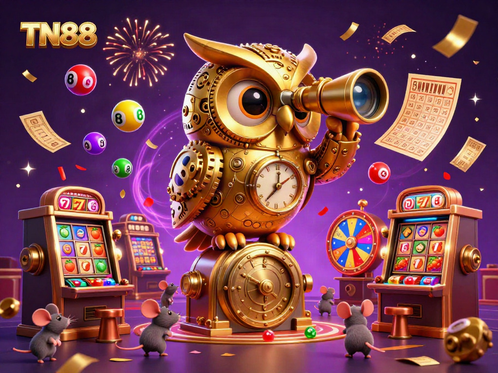 Experience TN88’s vibrant casino atmosphere with a mesmerizing owl, engaging slot machines, and dynamic prize elements.