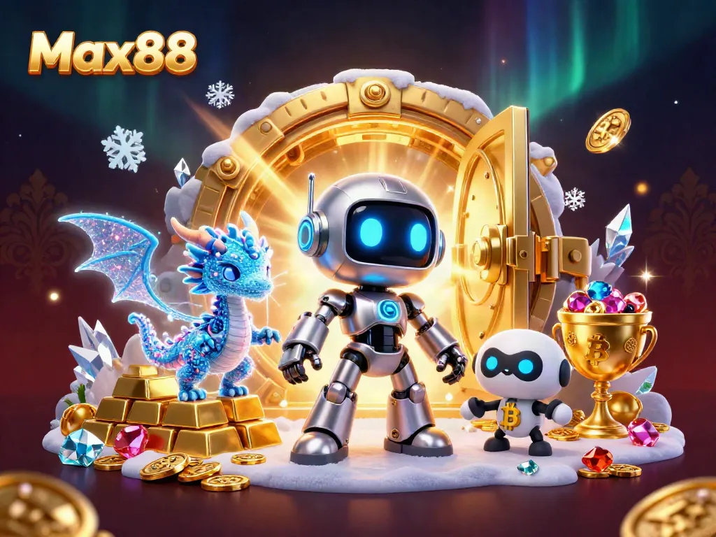 Engage in thrilling games at Max88, featuring a vibrant 3D scene with a cyberpunk robot and treasures.