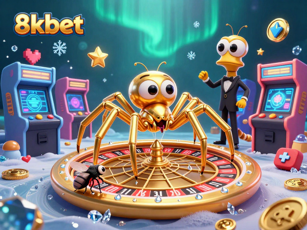 Experience thrilling bets at 8xbet as a golden spider spins a roulette web under vibrant casino lights.