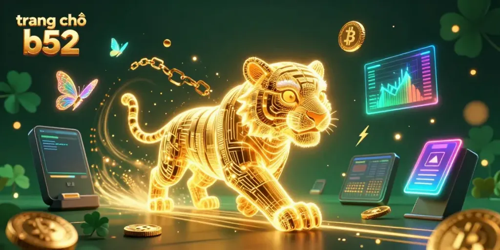 Engage in the vibrant world of trang chủ b52 with a neon-wireframe golden tiger and crypto elements.