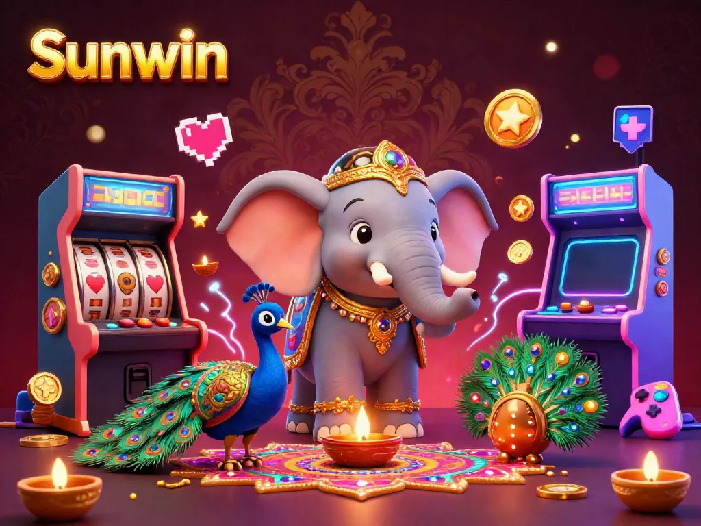 Experience thrilling gameplay with Sunwin in a vibrant casino scene filled with colorful 3D characters and arcade elements.
