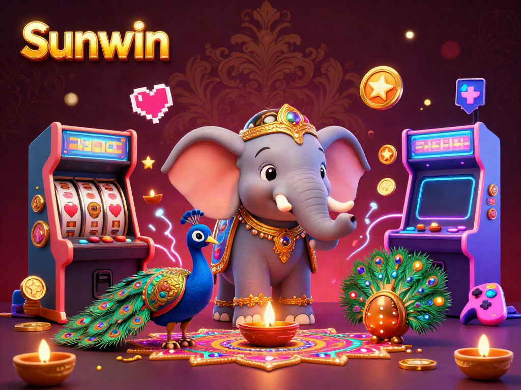 Experience thrilling gameplay with Sunwin in a vibrant casino scene filled with colorful 3D characters and arcade elements.