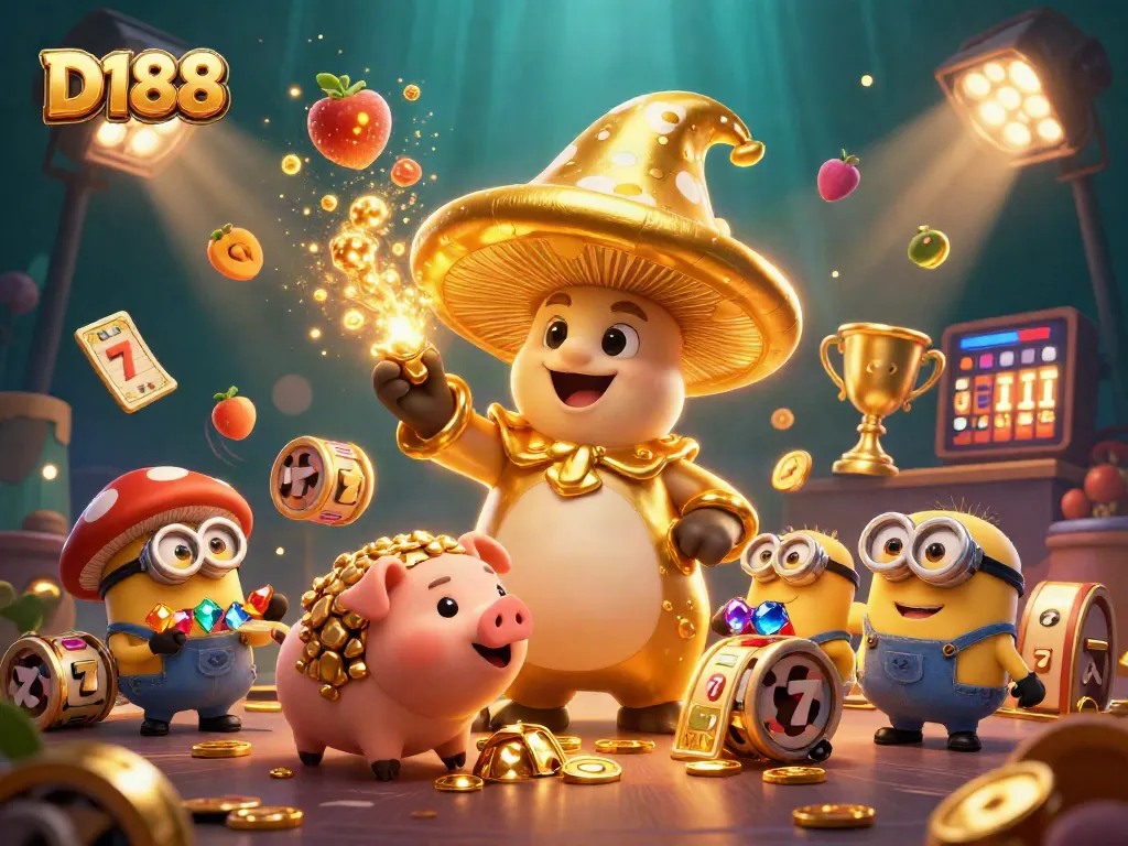 D188 lucky charm transforms gambling wins, showcasing rich casino elements with magical creatures.