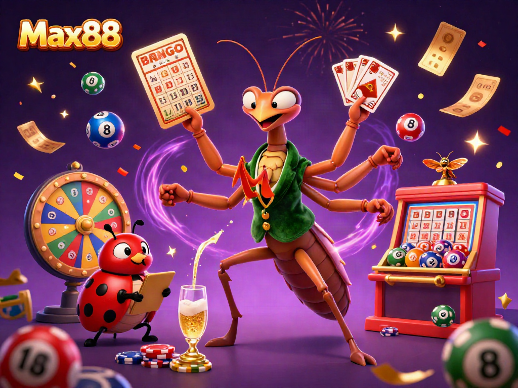 Experience the excitement of Max88 casino with a vibrant 3D illustration featuring playful characters and dynamic elements.