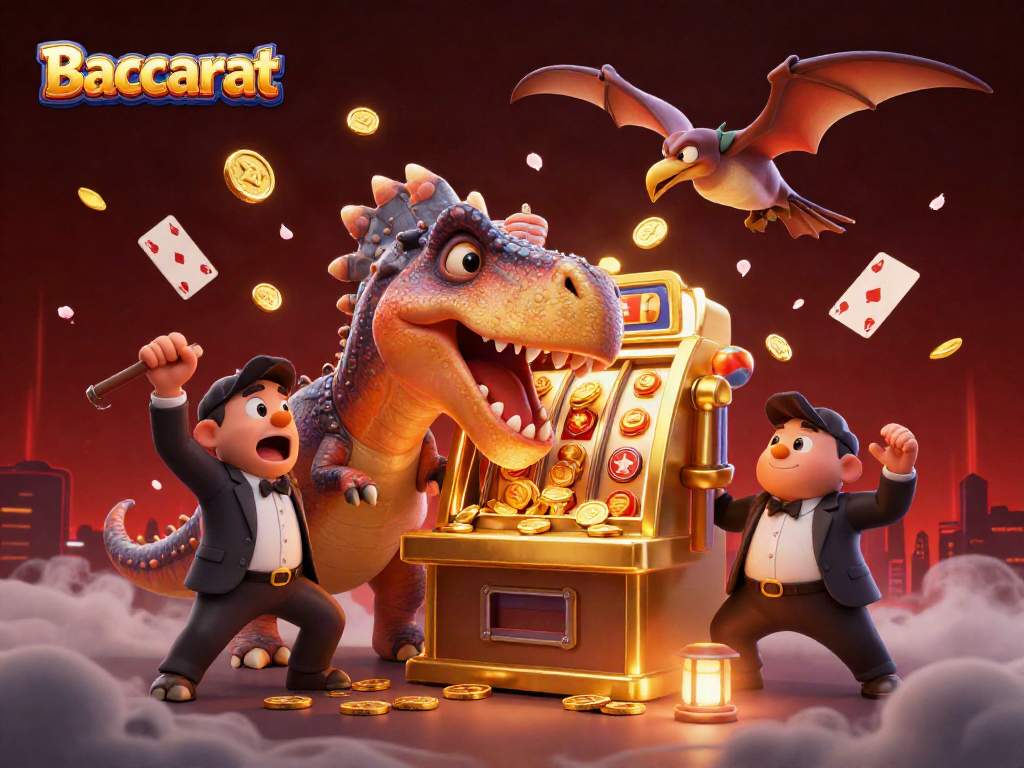 Baccarat action scene with a dinosaur headbutting a slot machine amid flying coins and cards.