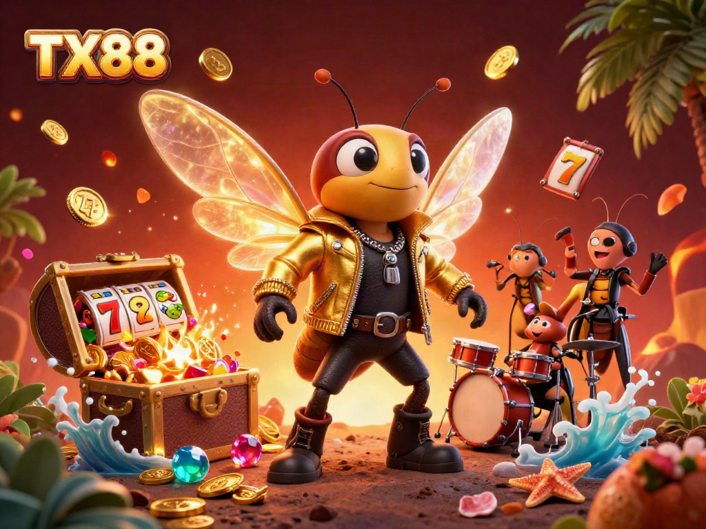 Celebrate winnings with TX88 in a vibrant casino-themed scene featuring a rock star and crickets.