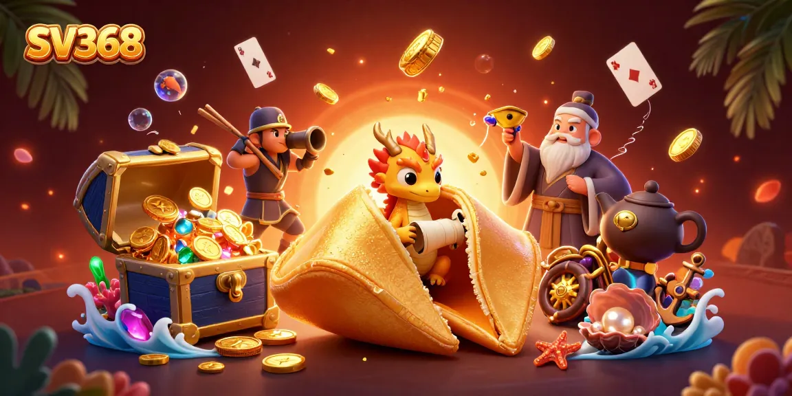 Engage in thrilling action at SV368 with a vibrant casino illustration featuring a golden fortune cookie and treasure elements.