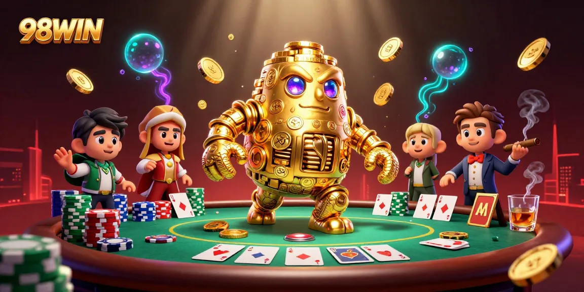 Experience thrilling gaming adventures with 98WIN, featuring a whimsical golden golem and vibrant casino elements.