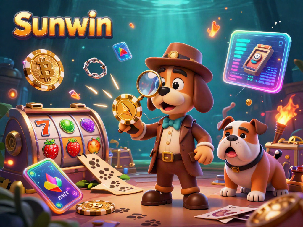 Engage with Sunwin's thrilling casino adventure, featuring a detective uncovering clues among vibrant slot reels and digital currencies.