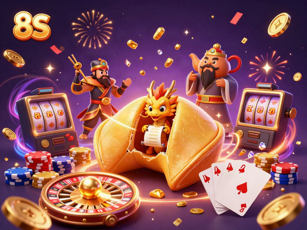 Experience thrilling wins with 8S gaming featuring golden coins, dynamic characters, and casino visuals.