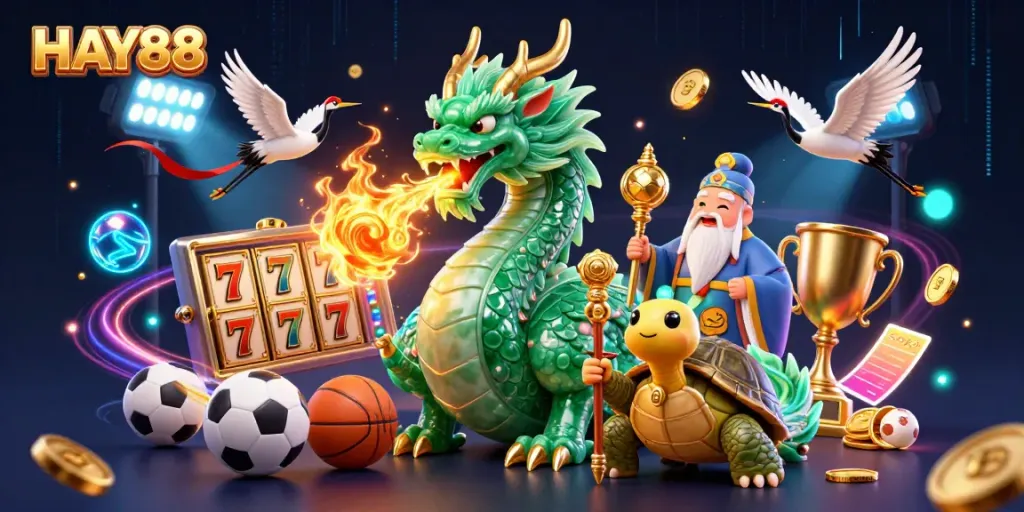 Experience the thrill of HAY88 with dynamic gaming action featuring dragons, turtles, and slot reels.