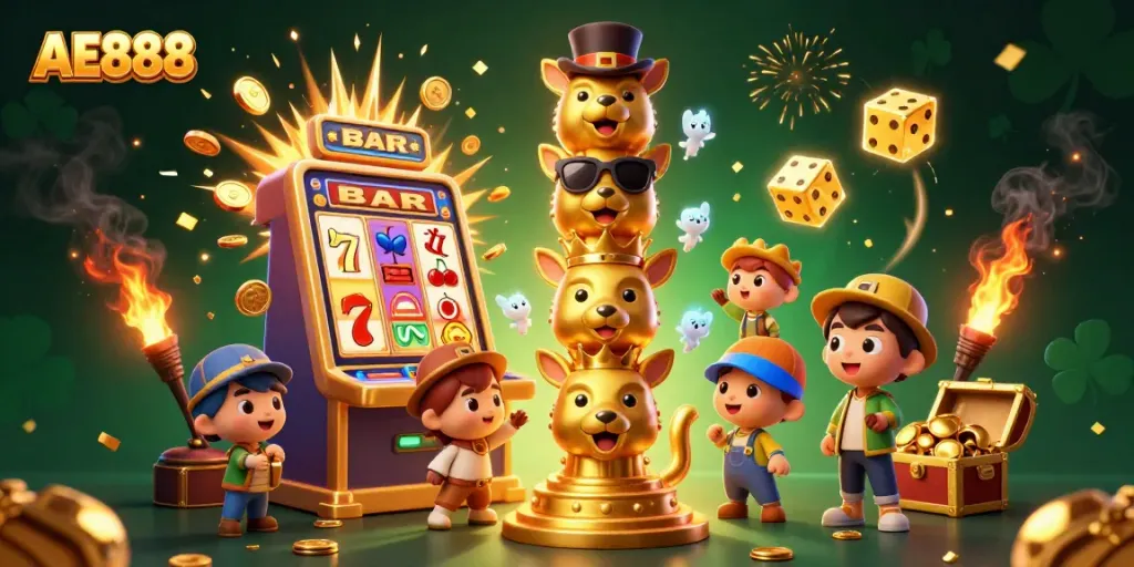 Experience the excitement of the AE888 casino with vibrant golden totem poles and jackpot slots in a colorful display.