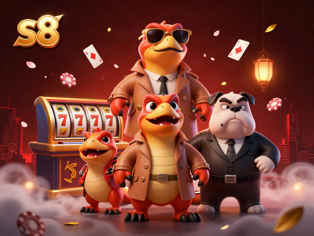 Experience the thrilling s8 VIP casino entry with raptors and a bulldog bouncer.