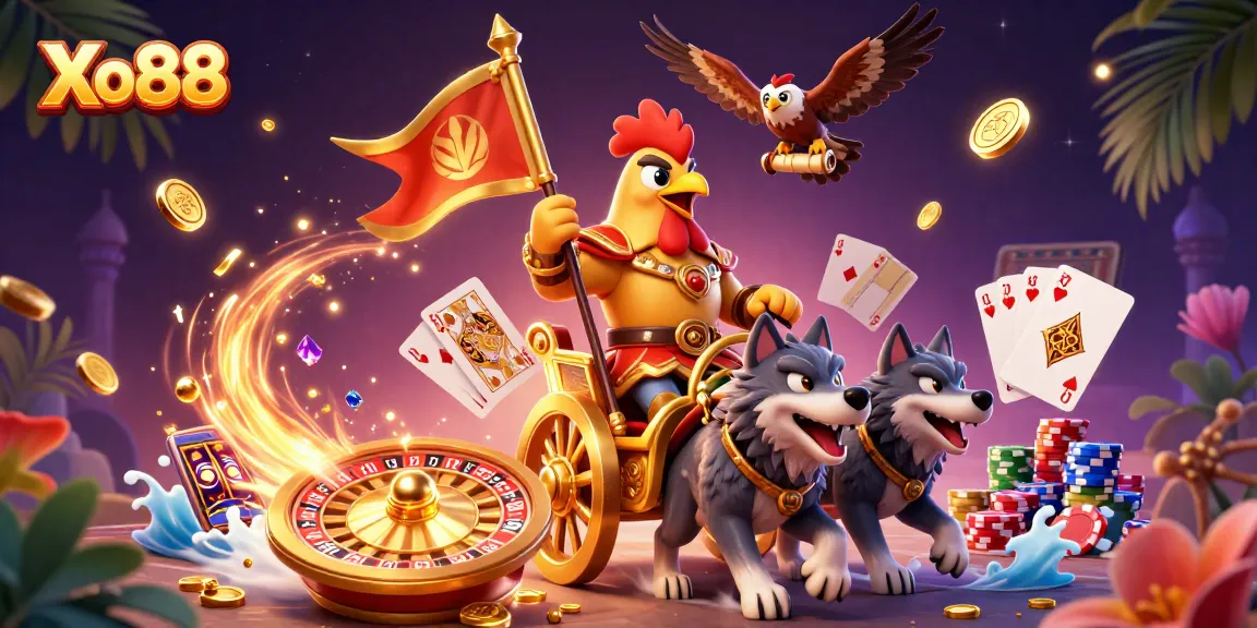 Xo88 showcases a vibrant 3D illustration of a rooster warlord in a golden chariot amidst casino chaos.