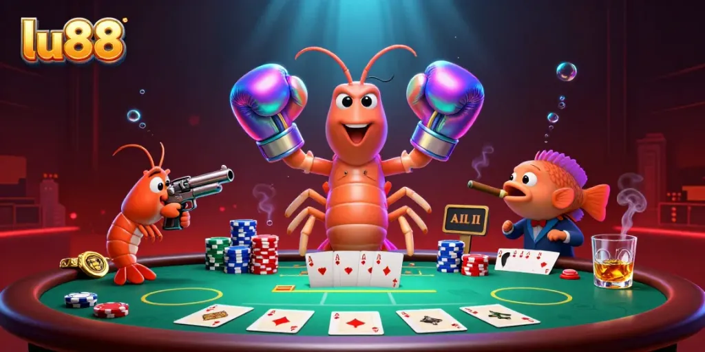 Witness the vibrant action as lu88 characters battle at a poker table with dazzling elements around.