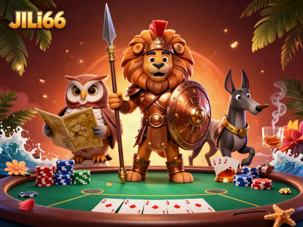 Engage with thrilling JILI66 casino action featuring a heroic Spartan lion, an owl strategist, and a greyhound messenger amidst poker excitement.