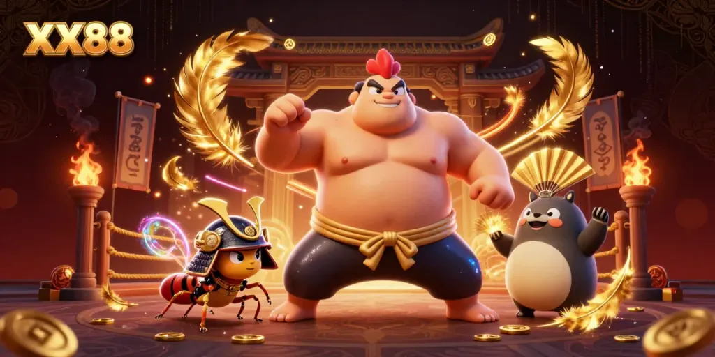 Engage in thrilling gameplay at XX88 with a dynamic scene featuring sumo wrestler rooster and more.