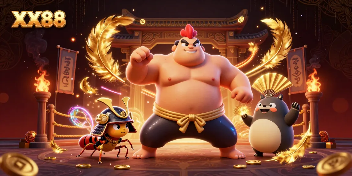 Engage in thrilling gameplay at XX88 with a dynamic scene featuring sumo wrestler rooster and more.