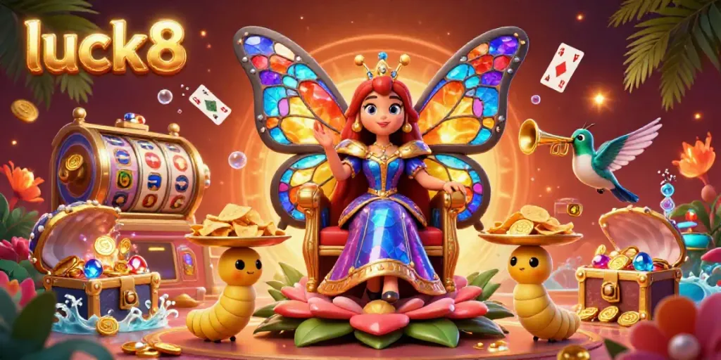Experience the excitement of luck8 with the butterfly queen and vibrant casino elements in a rich 3D scene.