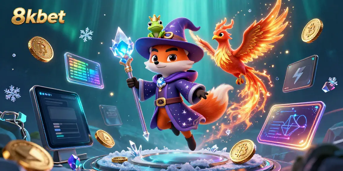 Experience the vibrant magic of 8xbet with a mystical wizard, phoenix, and sparkling crypto elements.